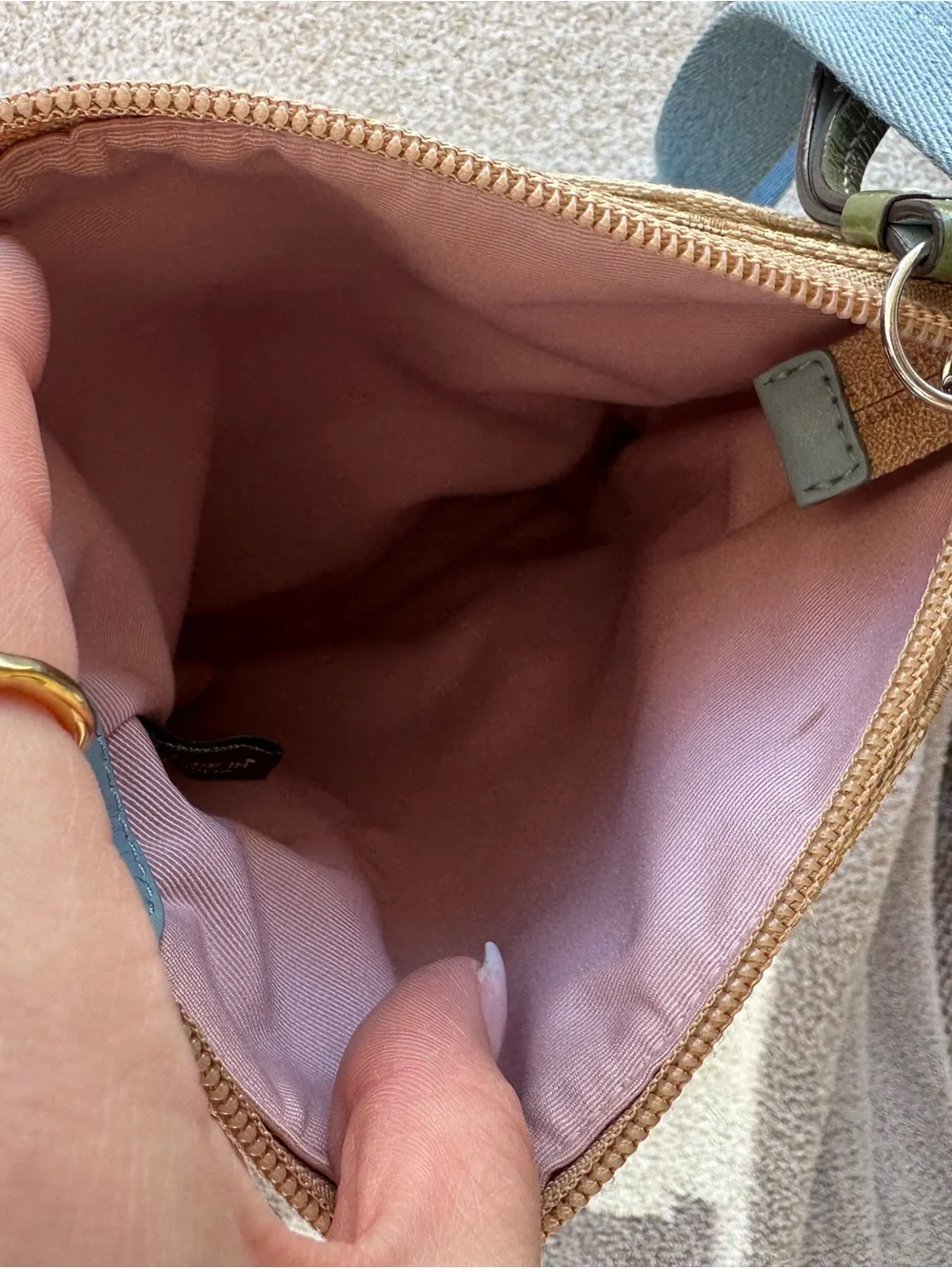 Coach Beige Signature Crossbody with Green, Yellow and Red Leather Stripes Y2K